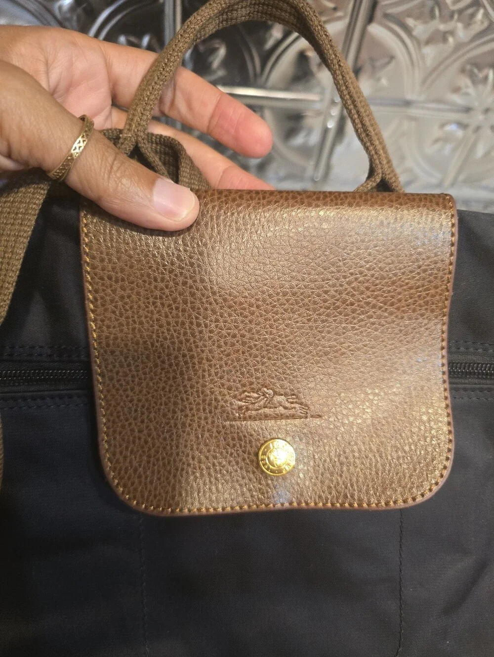 Longchamp Le Pliage Black Backpack Brown Trim Gold Hardware